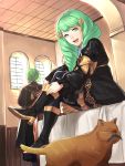  1boy 1girl absurdres bed blue_legwear boots bow brother_and_sister cat fire_emblem fire_emblem:_three_houses fish fish_in_mouth flayn_(fire_emblem) from_behind garreg_mach_monastery_uniform green_eyes green_hair hair_ornament high_heel_boots high_heels highres long_hair long_sleeves open_mouth seteth_(fire_emblem) shiyo_(jkke5275) short_hair siblings sitting uniform window 