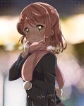  1girl adjusting_scarf bangs black_jacket blurry blush bokeh dated depth_of_field hair_ornament hairpin hat izumi_kirifu jacket long_sleeves looking_at_viewer love_live! love_live!_school_idol_festival_all_stars pink_scarf pom_pom_(clothes) scarf short_hair side_bun smile solo striped striped_scarf uehara_ayumu upper_body yellow_eyes 