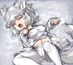 1girl animal_ears blush breasts dog_(mixed_breed)_(kemono_friends) dog_ears dog_tail grey_hair kemono_friends large_breasts lowres lying multicolored_hair nyifu on_back open_mouth pantyhose short_hair smile snow snowing tail teeth white_hair white_legwear 