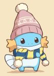  2027_(submarine2027) beanie beige_background blush closed_mouth full_body gen_3_pokemon hat looking_at_viewer lowres mudkip no_humans pokemon pokemon_(creature) scarf smile solo standing striped striped_scarf 