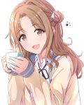  1girl alisia0812 bangs blush cardigan commentary_request cup eyebrows_visible_through_hair hair_bun highres holding holding_cup ichikawa_hinana idolmaster idolmaster_shiny_colors light_brown_eyes long_hair looking_at_viewer mug open_cardigan open_clothes open_mouth side_bun simple_background sleeves_past_wrists smile solo white_background 