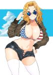  1girl american_flag_bikini ass_visible_through_thighs bangs bikini bikini_top blonde_hair blue_eyes blue_sky blush breasts clouds collarbone commentary_request denim denim_shorts eyebrows_visible_through_hair flag_print girls_und_panzer grin hair_intakes hand_on_hip heart heart-shaped_eyewear highres jacket kay_(girls_und_panzer) large_breasts long_hair long_sleeves looking_at_viewer navel nokogiriotoko open_clothes open_jacket open_mouth short_hair short_shorts shorts simple_background skindentation sky smile solo string_bikini sunglasses swimsuit swimsuit_under_clothes thigh-highs thighs unzipped v white_background white_legwear 
