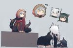  +_+ 3girls all_fours animal_ears arknights black_coat black_hair black_pants black_shorts chibi chibi_inset coat commentary_request crying fur-trimmed_coat fur-trimmed_hood fur_trim grey_background grey_eyes grey_hair highres hood hooded_coat hooded_jacket jacket kneeling knees_apart_feet_together korean_commentary lappland_(arknights) looking_at_another looking_down lying mask_around_neck multicolored_hair multiple_girls on_back pants pouch projekt_red_(arknights) red_coat red_jacket redhead shorts silver_hair simple_background sitting spread_legs straddling tail texas_(arknights) translation_request two-tone_hair white_hair white_jacket wolf_ears wolf_girl wolf_tail yellow_eyes yuri |_| 