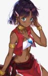  1girl adjusting_hair armband bangs bare_shoulders blush bob_cut bracelet collarbone commentary dark_skin earrings fushigi_no_umi_no_nadia hair_ornament hairclip hoop_earrings jewelry looking_at_viewer m2_(guvn5745) midriff nadia navel neck_ring necklace pelvic_curtain purple_hair red_vest short_hair simple_background sitting smile solo sparkle strapless tubetop vest white_background 