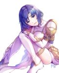  1girl armor bangs blue_eyes blue_hair catria_(fire_emblem) dress elbow_gloves eyebrows_visible_through_hair fire_emblem fire_emblem_echoes:_shadows_of_valentia fire_emblem_heroes gloves head_tilt headband highres knees_together_feet_apart looking_at_viewer open_mouth parted_bangs pelvic_curtain shoes short_hair shoulder_armor signature simple_background sitting smile solo thigh-highs thighs turtleneck vambraces white_background white_dress white_footwear white_gloves white_legwear yukimiyuki 