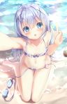  1girl :o bangs bare_arms bare_legs bare_shoulders barefoot beach bikini blue_bikini blue_eyes blue_hair blush bow_bikini commentary_request day eyebrows_visible_through_hair frilled_bikini frills from_above gochuumon_wa_usagi_desu_ka? goggles goggles_removed groin hair_between_eyes hair_ornament highres kafuu_chino long_hair looking_at_viewer na!?_(naxtuyasai) navel o-ring o-ring_bikini o-ring_top outdoors parted_lips reaching_out sand self_shot side-tie_bikini sitting solo swimsuit untied untied_bikini v very_long_hair wariza water x_hair_ornament 