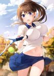  1girl :o blue_eyes blue_skirt boku_no_kanojo_sensei breasts brown_hair chain-link_fence clouds collared_shirt cowboy_shot fence fujiki_maka highres holding large_breasts long_hair looking_at_viewer midriff miniskirt navel open_mouth oryou outdoors pleated_skirt ponytail racket shirt short_sleeves skirt solo tennis_racket thighs white_shirt 