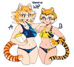  2girls animal_ears ball black_hair blush closed_mouth eyebrows_visible_through_hair fang highres holding holding_ball looking_at_viewer multicolored_hair multiple_girls navel open_mouth orange_hair original short_hair smile taggo tail tan tiger_ears tiger_tail volleyball white_hair work_in_progress 