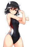  1girl ass_visible_through_thighs bangs bare_arms bare_shoulders black_hair black_swimsuit blush breasts commentary_request covered_navel cowboy_shot eyebrows_visible_through_hair groin hair_between_eyes hand_up head_tilt highres horns kijin_seija looking_at_viewer multicolored_hair one-piece_swimsuit red_eyes redhead short_hair simple_background small_breasts smile solo standing streaked_hair stretch swimsuit thighs tokoya_(ex-hetare) touhou white_background white_hair 