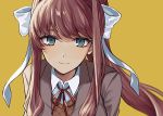  1girl bow breasts brown_hair closed_mouth doki_doki_literature_club eyebrows green_eyes hair_bow long_hair looking_at_viewer medium_breasts monika_(doki_doki_literature_club) ponytail setuji sidelocks simple_background smile solo upper_body white_bow yellow_background 