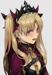 1girl bangs bikini black_bikini blonde_hair blush bow cape earrings ereshkigal_(fate/grand_order) fate/grand_order fate_(series) from_side hair_bow hankuri infinity jewelry looking_at_viewer open_mouth parted_bangs red_bow red_cape red_eyes simple_background solo spine swimsuit two_side_up upper_body white_background 