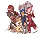  1girl 3boys amy_rose animal_ears au_ra axe blonde_hair blue_hair cat_ears crossed_arms dark_skin final_fantasy final_fantasy_xiv fox_hood hood horns humanization hyur knuckles_the_echidna lalafell looking_at_viewer miqo&#039;te multiple_boys nannelflannel personification pink_hair redhead shoulder_armor smile sonic sonic_the_hedgehog 