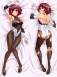  1girl azur_lane back black_footwear blush breasts brown_hair brown_legwear cleavage_cutout cosplay dakimakura elbow_gloves eyebrows_visible_through_hair fingerless_gloves full_body gloves gradient_hair highres kantai_collection leotard looking_at_viewer looking_back lying multicolored_hair mutsuki_(kantai_collection) on_back pantyhose racequeen redhead shoes short_hair small_breasts solo takao_(azur_lane) takao_(azur_lane)_(cosplay) tarou_(user_tpmh7442) torn_clothes torn_legwear 