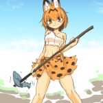  1girl 7liquid alternate_costume animal_ears animal_print bare_shoulders blue_sky commentary_request crossed_legs doodle eyebrows_visible_through_hair fish hair_between_eyes hunting kemono_friends lance orange_eyes orange_hair polearm serval_(kemono_friends) serval_ears short_hair sky smile solo tribal weapon 