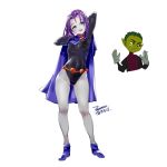  1boy 1girl beast_boy_(dc) belt breasts cape closed_mouth dc_comics ejami forehead_jewel grey_skin leotard looking_at_viewer purple_hair raven_(dc) short_hair simple_background smile teen_titans violet_eyes white_background 