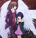  1boy 1girl absurdres angel_wings bangs black_hair bob_cut brown_background brown_eyes brown_hair coat commentary_request dress dress_shirt expressionless formal green_coat hair_between_eyes hand_in_pocket hands_on_own_chest height_difference highres jacket kakine_teitoku knees_together looking_at_viewer medium_hair off_shoulder open_clothes open_coat open_shirt pants pink_dress purple_suit red_sweater riku_(sbbt6204) shirt short_hair sleeveless sleeveless_dress spaghetti_strap sparkle suit sundress sweater to_aru_kagaku_no_dark_matter to_aru_majutsu_no_index violet_eyes white_shirt white_wings wings yuzuriha_ringo 