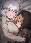  2girls alternate_costume animal_ears beige_sweater blush brown_hair brown_sweater closed_eyes commentary_request dachshund_(kemono_friends)_(nyifu) dog_(mixed_breed)_(kemono_friends) dog_ears dog_girl drooling eyebrows_visible_through_hair fur_trim grey_hair hug kemono_friends light_brown_hair long_sleeves multicolored_hair multiple_girls nyifu on_bed original short_hair sleeping sweater two-tone_hair white_hair 