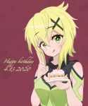  1girl :d absurdres akatsuki_kirika blonde_hair blush breasts cake dated food green_eyes hair_ornament happy_birthday highres looking_at_viewer medium_breasts namime open_mouth senki_zesshou_symphogear shiny shiny_hair shiny_skin short_hair smile solo v x_hair_ornament 