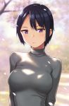  1girl bangs black_hair blurry blurry_background bralines breasts cherry_blossoms commentary expressionless grey_sweater hashi looking_at_viewer medium_breasts original parted_bangs short_hair sweater tree tsurime turtleneck turtleneck_sweater upper_body violet_eyes 
