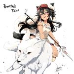  1girl animal bare_arms black_hair cosplay earrings ejami ekko_(ejami) facepaint facial_mark fur headband jewelry kodama long_hair looking_at_viewer mononoke_hime necklace san simple_background smile tooth_necklace weapon white_background wolf 