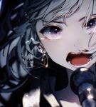  1girl blurry blurry_background close-up commentary earrings flower_(vocaloid) highres jewelry karanagare_4 looking_at_viewer microphone music open_mouth portrait singing solo tears violet_eyes vocaloid white_hair 