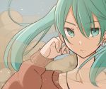  1girl aqua_eyes aqua_hair collarbone commentary earrings expressionless hand_up hatsune_miku jacket jewelry long_hair looking_at_viewer mihiro_momonoki portrait red_jacket sand suna_no_wakusei_(vocaloid) twintails vocaloid wind 