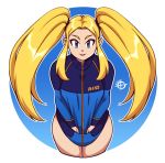  1girl blonde_hair blue_eyes blue_jacket eyebrows highres jacket long_hair long_sleeves looking_at_viewer original parted_lips sidelocks smile solo taggo thick_thighs thighs twintails very_long_hair 