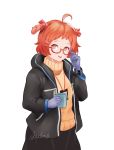  1girl ahoge arknights axeloust beagle_(arknights) english_commentary glasses gloves hair_ribbon highres id_card jacket orange_hair ribbon short_hair solo white_background 