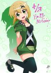  1girl absurdres akatsuki_kirika black_legwear blonde_hair breasts dated green_eyes green_hoodie green_shorts hair_ornament happy_birthday highres hood hoodie looking_at_viewer medium_breasts namida_boshi senki_zesshou_symphogear shiny shiny_hair shiny_skin short_hair shorts smile solo standing standing_on_one_leg tank_top thigh-highs x_hair_ornament 