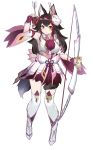  1girl alternate_costume animal_ear_fluff animal_ears armpit_crease arrow bangs bare_shoulders black_hair boots bow_(weapon) breasts closed_mouth commentary_request cosplay detached_sleeves fox_mask full_body highres holding holding_bow_(weapon) holding_weapon hololive looking_at_viewer magical_girl mask mask_on_head medium_breasts mizutsune_(armor) monster_hunter multicolored_hair ookami_mio redhead sidelocks simple_background smile solo standing streaked_hair tail thigh-highs thigh_boots virtual_youtuber weapon white_background white_footwear white_legwear wolf_ears wolf_tail yamabuki7979 yellow_eyes 