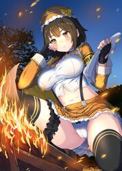  1girl armband black_gloves black_hair black_legwear breasts campfire crop_top crotch_seam fingerless_gloves fire gloves gradient_sky hair_ornament hands_up large_breasts leg_garter long_sleeves midriff miniskirt navel nemeneko_6 orange_headwear orange_skirt original outdoors panties pantyshot pleated_skirt shirt short_hair skirt sky solo stomach suspenders tears thigh-highs twilight underwear white_panties white_shirt x_hair_ornament yellow_eyes 