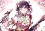  1girl bang_dream! bangs black_hair bow cherry_blossoms commentary electric_guitar floral_print frilled_sleeves frills guitar hair_bow hair_ornament hairclip instrument japanese_clothes kimono looking_at_viewer microphone_stand mitake_ran multicolored_hair nennen obi one_eye_closed open_mouth redhead sash short_hair solo tied_sleeves two-tone_hair upper_body violet_eyes 