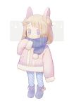  1girl animal_ears ayu_(mog) blonde_hair blue_eyes blue_legwear blue_scarf boots closed_mouth fake_animal_ears full_body fur_boots long_sleeves looking_at_viewer medium_hair multicolored multicolored_eyes original pantyhose pink_coat pom_pom_(clothes) purple_footwear scarf signature sleeves_past_fingers sleeves_past_wrists smile solo standing two_side_up violet_eyes 