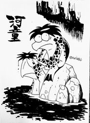  absurdres character_name greyscale highres ink_(medium) inktober kappa monochrome monster no_humans original rariatto_(ganguri) rock traditional_media twitter_username youkai 