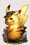  brown_eyes clothed_pokemon detective_pikachu detective_pikachu_(character) from_behind gen_1_pokemon grass grey_background grey_headwear hankuri looking_at_viewer looking_back no_humans parted_lips pikachu pokemon pokemon_(creature) simple_background sitting solo tree_stump 