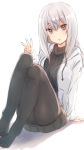  1girl :o arm_support bangs black_legwear black_sweater brown_eyes commentary_request copyright_request drawstring eyebrows_visible_through_hair hair_between_eyes hand_up highres hood hood_down hooded_jacket jacket knees_up long_hair long_sleeves looking_at_viewer nagami_yuu no_shoes open_clothes open_jacket pantyhose parted_lips ribbed_sweater silver_hair sitting sleeves_past_wrists solo sweater turtleneck turtleneck_sweater w white_background white_jacket 