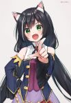 1girl :d animal_ear_fluff animal_ears anz32 bare_shoulders black_hair blue_sleeves blush cat_ears commentary_request detached_sleeves fang hand_on_hip head_tilt kyaru_(princess_connect) long_hair long_sleeves low_twintails multicolored_hair open_mouth pointing pointing_at_viewer princess_connect! princess_connect!_re:dive purple_skirt shirt skirt sleeveless sleeveless_shirt smile solo streaked_hair twintails twitter_username very_long_hair white_hair white_shirt wide_sleeves 