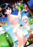  2girls absurdres artist_name ass bangs bare_arms bare_shoulders beach_umbrella bikini blue_eyes blue_sky blurry blurry_background breasts brown_hair day drinking_straw eyebrows_visible_through_hair flat_chest food highres holding koruri long_hair medium_breasts melonbooks multiple_girls navel ocean open_mouth scan shiny shiny_hair short_hair shorts side-tie_bikini sky smile stomach strapless sweat sweatdrop swimsuit tied_hair tubetop umbrella water white_bikini white_hair 