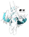  1girl absurdres bandaid blue_eyes blue_gloves blue_hair blue_horns closed_eyes gloves greyscale headgear highres horns long_hair mechanical_tail monochrome navel original pointy_ears shisantian short_shorts shorts simple_background sketch solo spot_color tail thigh-highs white_background 