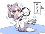  1girl :i animal_ears blue_eyes blush boots coat commentary_request dog_(mixed_breed)_(kemono_friends) dog_ears dog_girl dog_tail elbow_gloves exercise extra_ears eyebrows_visible_through_hair fur_trim gloves grey_coat grey_hair grey_skirt heterochromia kemono_friends multicolored_hair pantyhose pleated_skirt ransusan ring_fit_adventure short_hair short_sleeves skirt solo sweatdrop tail translation_request two-tone_coat two-tone_hair white_coat white_gloves white_hair white_legwear yellow_eyes yoga_mat 