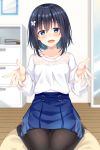  1girl :d bangs black_hair black_legwear blue_eyes blue_skirt blurry blurry_background breasts butterfly_hair_ornament collarbone commentary_request depth_of_field eyebrows_visible_through_hair hair_between_eyes hair_ornament hands_up highres indoors komori_kuzuyu long_sleeves mirror no_shoes o-ring o-ring_bottom open_mouth original pantyhose pleated_skirt reflection rivier_(kuzuyu) shirt skirt small_breasts smile solo white_shirt wooden_floor 