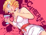  artist_name ashleyloob blonde_hair blue_eyes bow catherine catherine_(game) character_name cocktail_glass cup dress drill_hair drinking_glass dutch_angle finger_licking highres licking lingerie paint_splatter simple_background skirt tongue tongue_out twin_drills underwear white_dress 