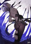  1girl absurdres ass belt black_hairband black_leotard breasts dark_skin fate/grand_order fate/prototype fate/prototype:_fragments_of_blue_and_silver fate_(series) fingerless_gloves from_behind gloves hairband hassan_of_serenity_(fate) highres leggings leotard purple_hair seyana small_breasts solo standing standing_on_one_leg violet_eyes 
