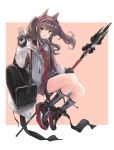  1girl :d angelina_(arknights) animal_ears arknights bag bangs black_footwear black_legwear commentary eyebrows_visible_through_hair fox_ears gloves grey_hair grey_jacket grey_shirt hairband hand_up highres holding holding_staff jacket kneehighs long_hair long_sleeves looking_at_viewer marble_(marblesized) open_mouth red_eyes red_hairband shirt shoes sidelocks smile sneakers solo staff thighs v 