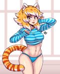  1girl absurdres animal_ears arm_up blue_panties blue_sweater blush breasts brown_eyes closed_mouth eyebrows highres large_breasts long_sleeves looking_at_viewer navel orange_hair original panties redhead short_hair sleeves_past_wrists smile solo striped striped_sweater sweater taggo tail tiger_ears tiger_tail tongue tongue_out underwear white_hair 
