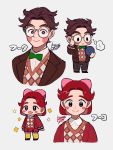  +_+ ... 1boy 1girl :d black_eyes blush_stickers bow bowtie brother_and_sister brown_hair character_name chibi commentary_request doubutsu_no_mori face fuuko_(doubutsu_no_mori) fuuta_(doubutsu_no_mori) glasses gold-framed_eyewear green_neckwear grey_background hair_bow highres kisaragi_yuu_(fallen_sky) long_sleeves open_mouth pink_bow redhead short_hair siblings signature simple_background smile spoken_ellipsis suit_jacket yellow_legwear 
