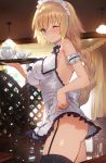  1girl apron bangs bare_shoulders blonde_hair blue_eyes blush braid breasts closed_mouth cup dress fate/apocrypha fate_(series) highres jeanne_d&#039;arc_(fate) jeanne_d&#039;arc_(fate)_(all) large_breasts long_hair looking_at_viewer maid_headdress one_eye_closed seon_(seonon_) single_braid smile solo teacup teapot thigh-highs thighs tray very_long_hair white_dress 