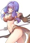  1girl bangs breasts brown_skirt capelet closed_mouth commentary_request eyebrows_visible_through_hair gloves grey_background hair_intakes hair_tubes large_breasts legs_apart long_hair looking_at_viewer mage_(ragnarok_online) midriff navel pelvic_curtain purple_hair ragnarok_online revision sidelocks simple_background skirt smile solo thighs waero 