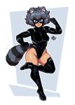  1girl absurdres animal_ears arm_up blue_eyes boots breasts closed_mouth dark_skin full_body grey_hair highres large_breasts looking_at_viewer mask messy_hair original raccoon_ears raccoon_girl raccoon_tail short_hair smile solo taggo tail thigh-highs thigh_boots wide_hips 