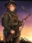  aircraft airplane biplane blush british british_army brown_eyes brown_hair commentary commentary_request girls_frontline gun helmet highres lee-enfield lee-enfield_(girls_frontline) long_hair looking_at_viewer military military_uniform rifle smile sunset syotastar uniform weapon world_war_i 